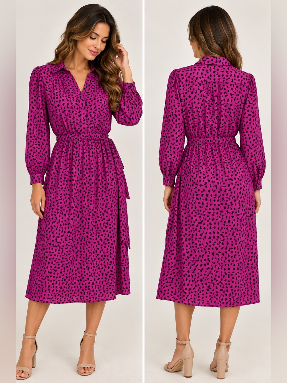 Vintage Billy Jack for Her Magenta Black Print Midi Dress Size 3/4 Small